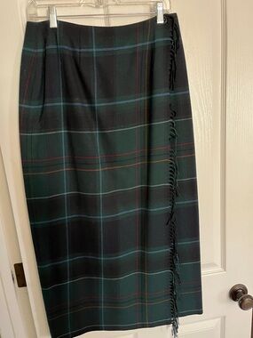 Talbots Dark Green Plaid Midi Skirt with Fringe Trim